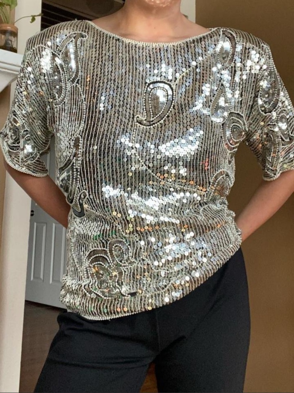 Vintage Joseph Le Bon Silver Sequin Short Sleeve Blouse